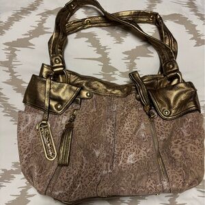 B. Makowsky Metallic Gold and Textured Tan Shoulder Bag